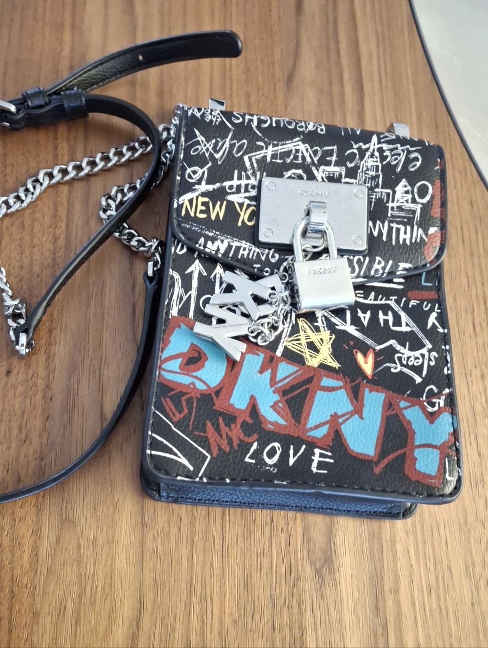 DKNY Elissa Graffiti Print Crossbody Bag in Black & Blue